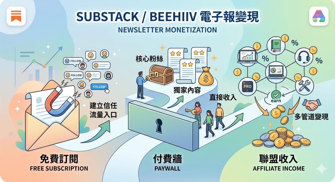 Substack / Beehiiv 電子報變現:免費訂閱、付費牆到聯盟收入的完整路線